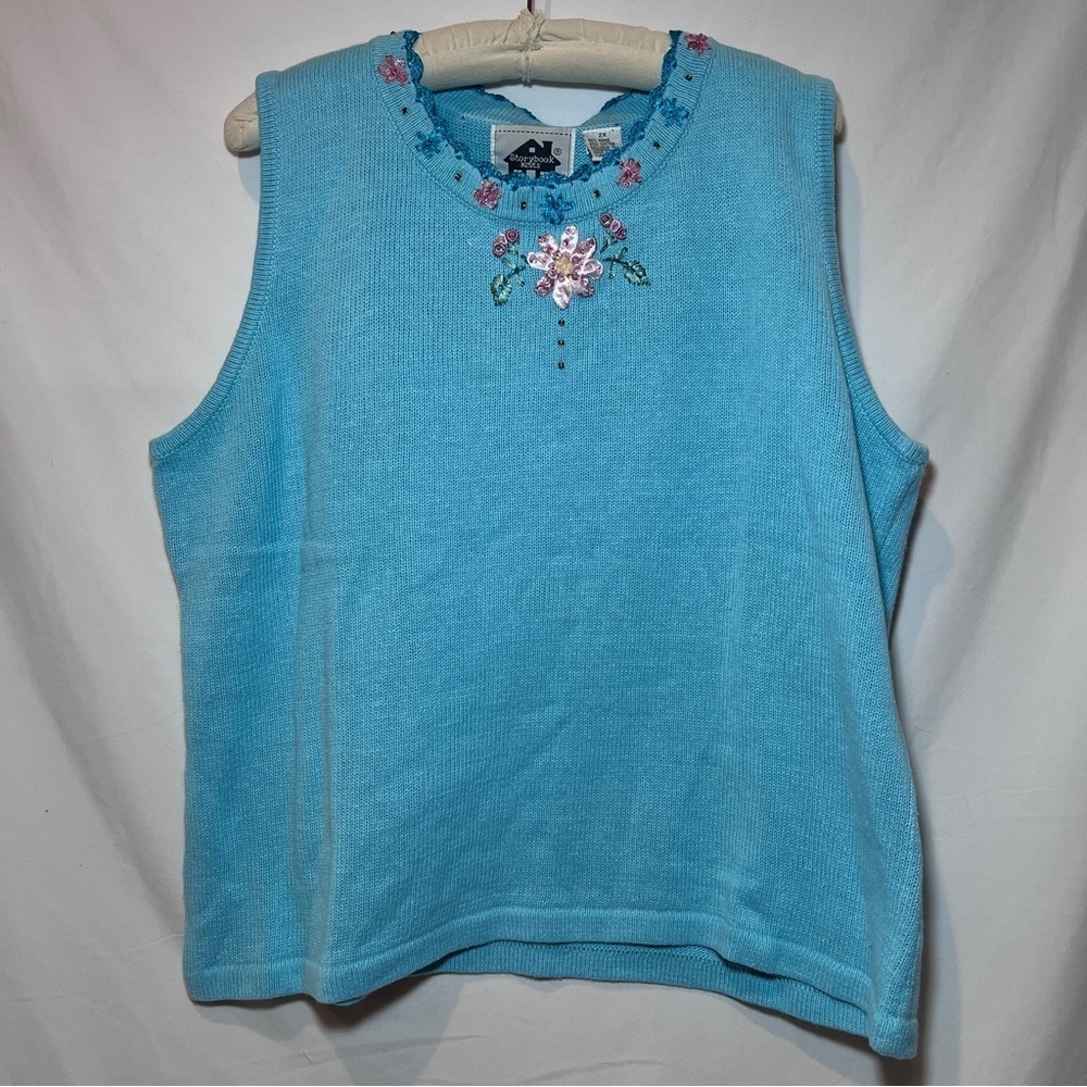 Storybook Knits Vintage Flower Sleeveless Sweater- Turquoise- Size 2X